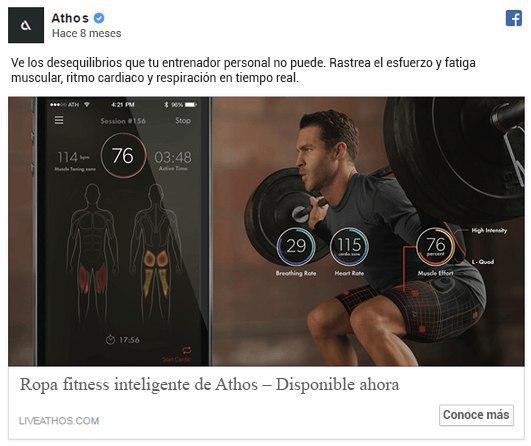 Anuncio en Facebook de la Ropa fitness inteligente de Athos